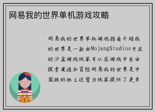 网易我的世界单机游戏攻略